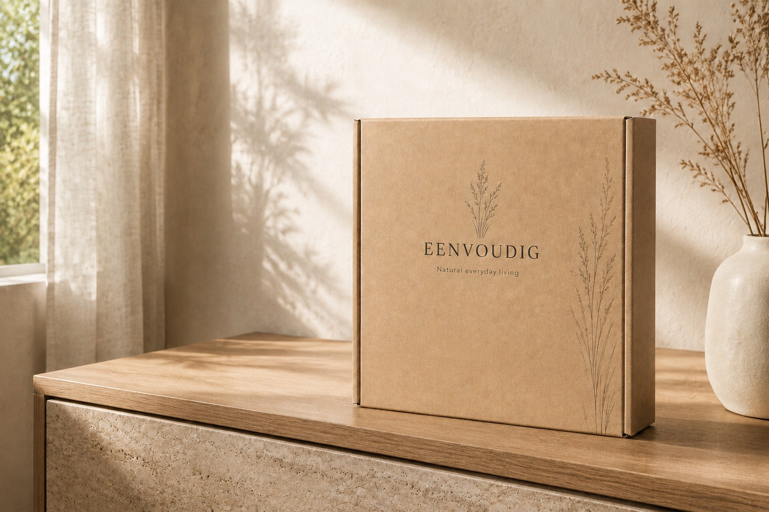 EENVOUDIG kraft presentation box in a calm home setting